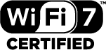 Black and white logo showing Wi-Fi 7 CERTIFIED with the Fi and number 7 in a speech bubble-like shape, indicating Wi-Fi 7 network certification.