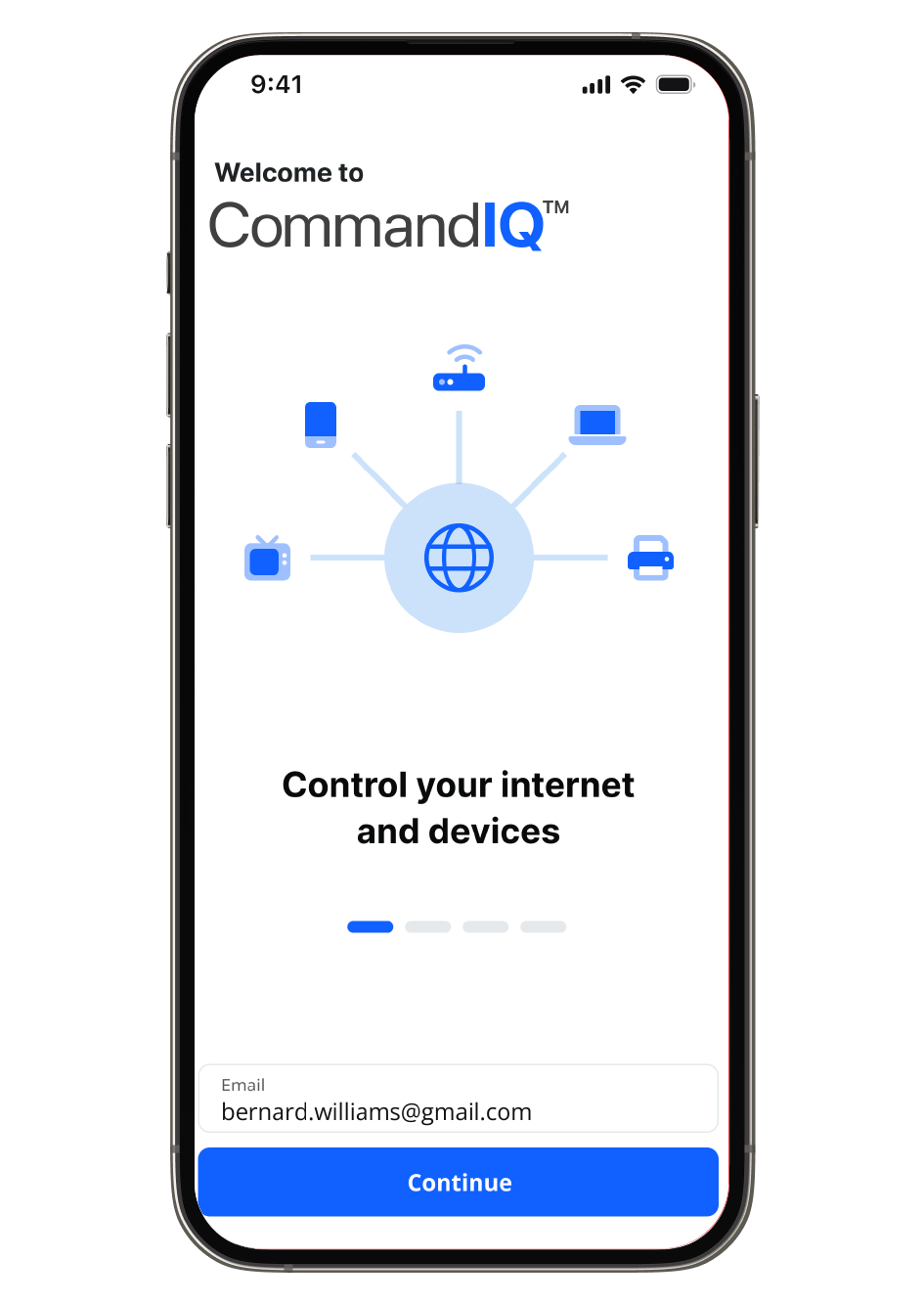 A smartphone screen displays the CommandIQ app welcome page, prompting the user to control internet and devices. There is an email input field with bernard.williams@gmail.com and a blue Continue button at the bottom.