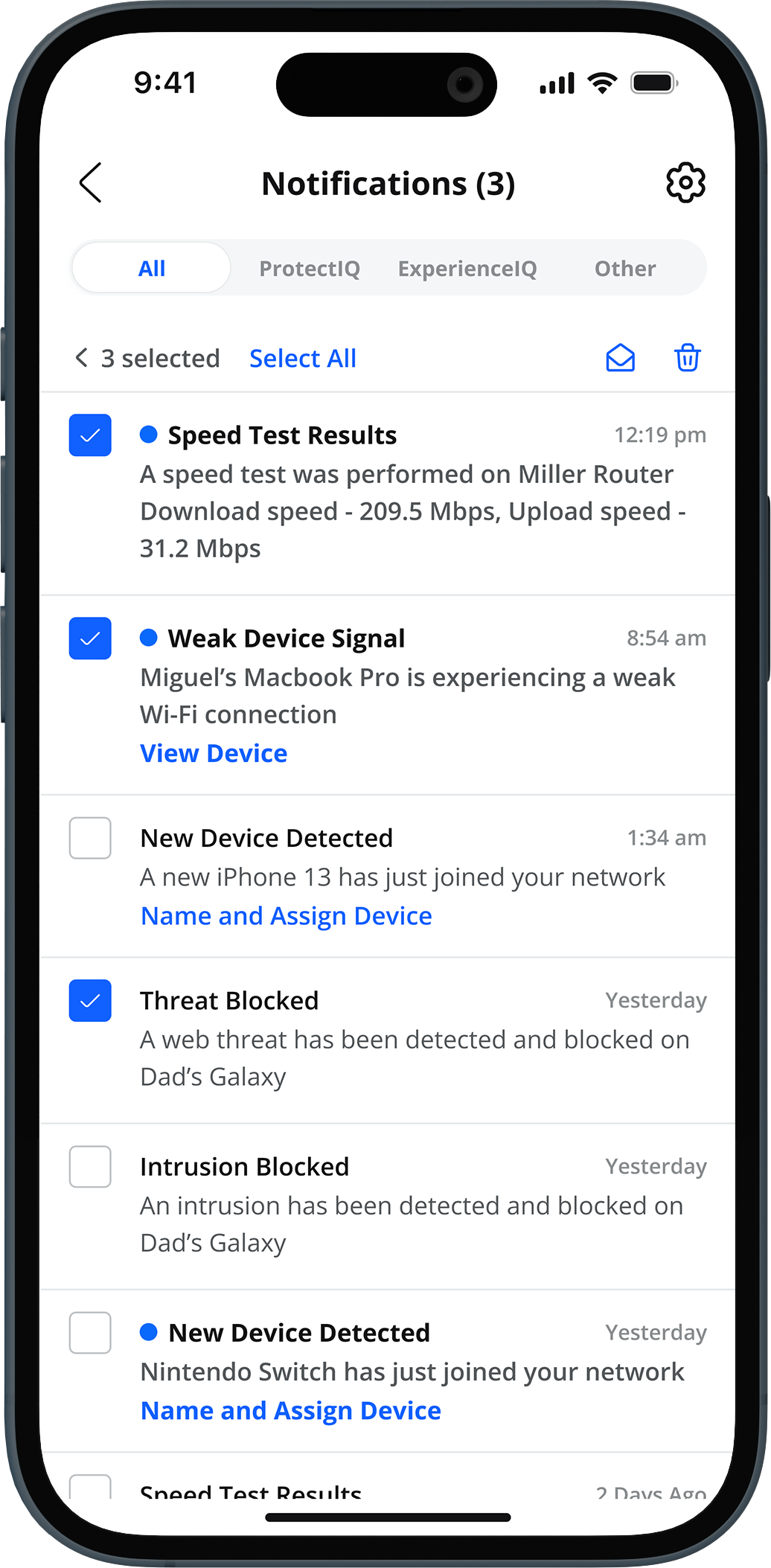 A smartphone screen shows three selected notifications: a speed test result, a weak device signal on Miguel’s MacBook Pro, and a new iPhone 13 detected on a network named Dad’s Galaxy.