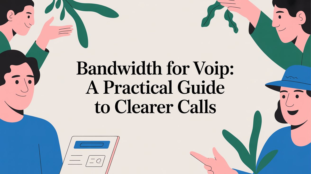 Four illustrated people surround the text Bandwidth for Voip: A Practical Guide to Clearer Calls on a light background with green leaves; one holds a tablet, and all appear to be discussing or presenting.