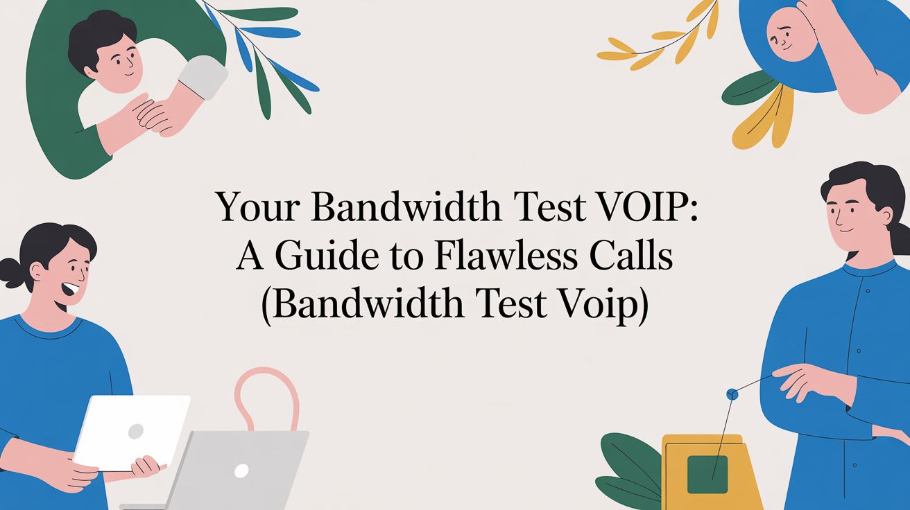 Four illustrated people surround the text Your Bandwidth Test VOIP: A Guide to Flawless Calls (Bandwidth Test Voip) on a light background, with decorative leaves and laptops.