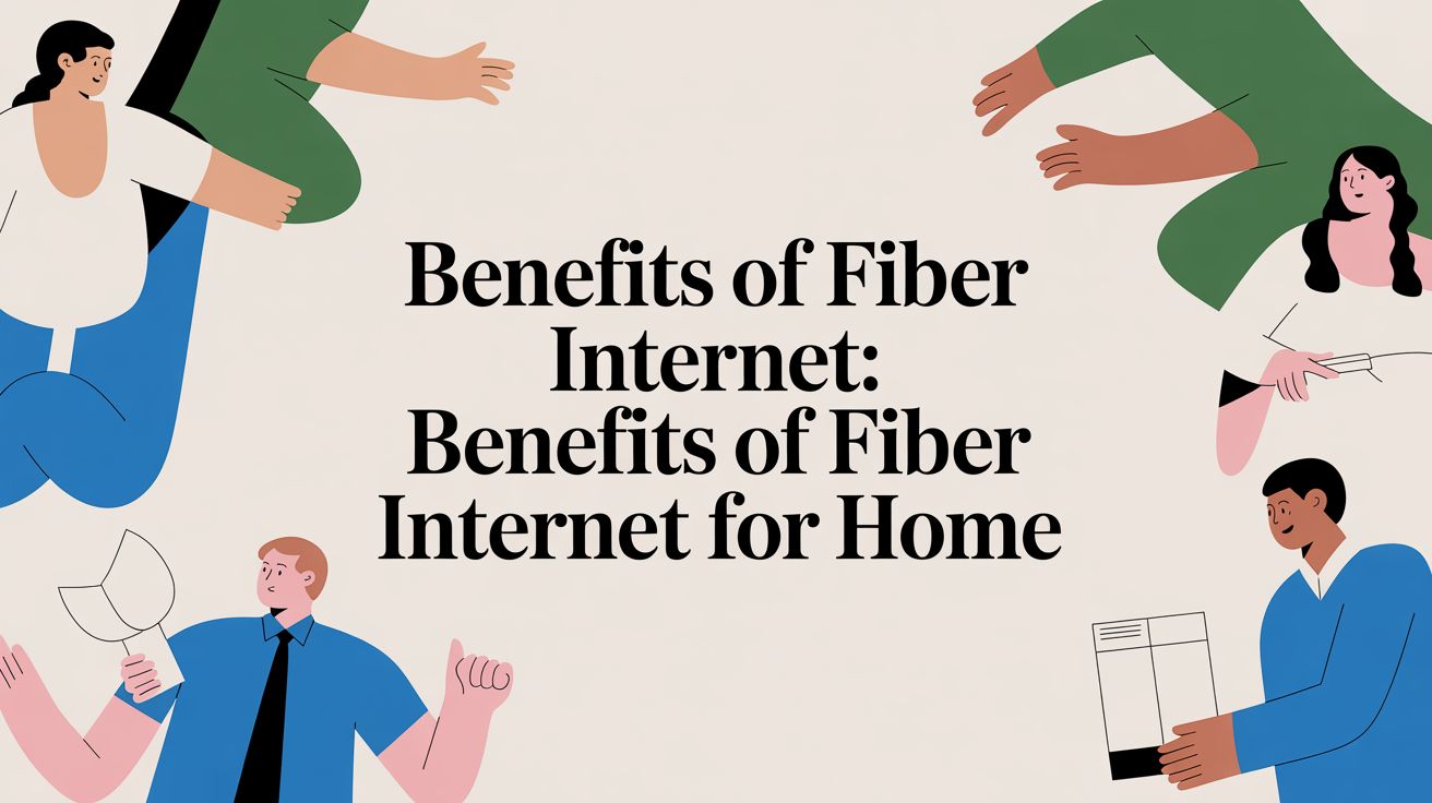Illustration of four people around the edges holding papers and devices, with the text Benefits of Fiber Internet: Benefits of Fiber Internet for Home in the center.