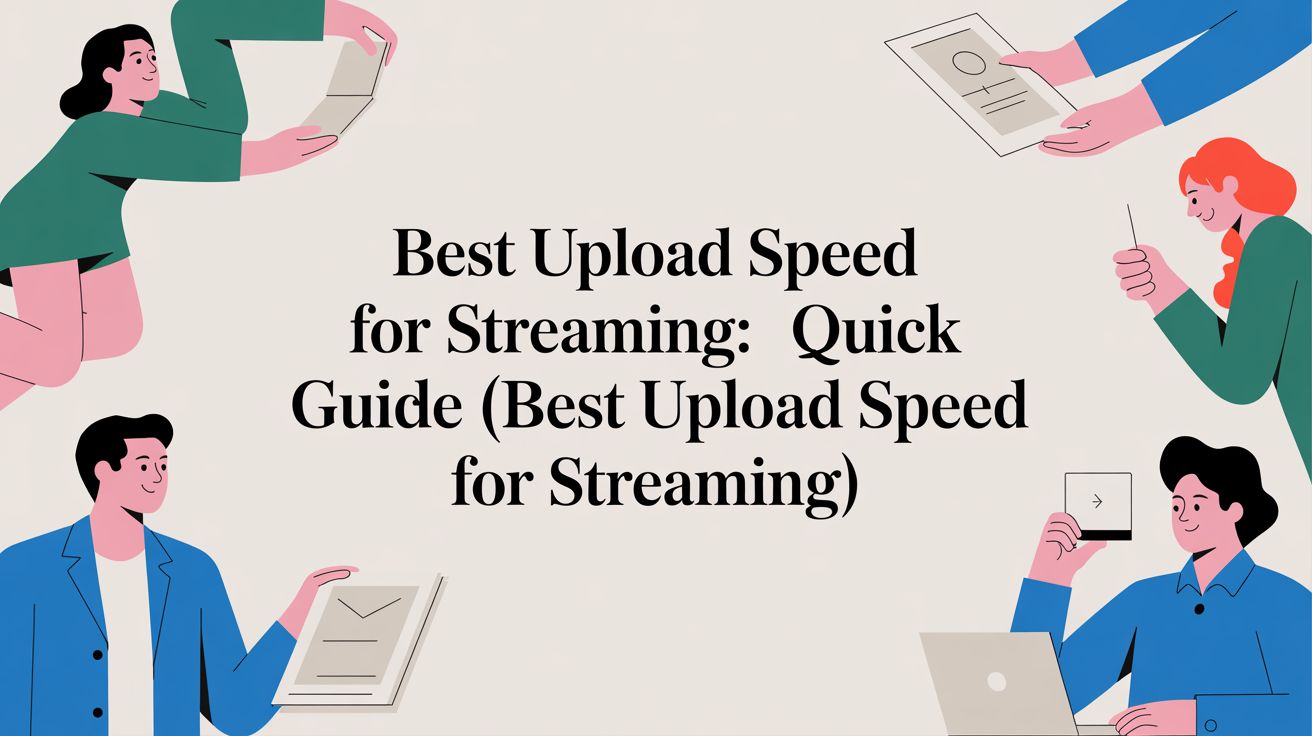 Four illustrated people holding devices surround the centered text: Best Upload Speed for Streaming: Quick Guide (Best Upload Speed for Streaming) on a light background.