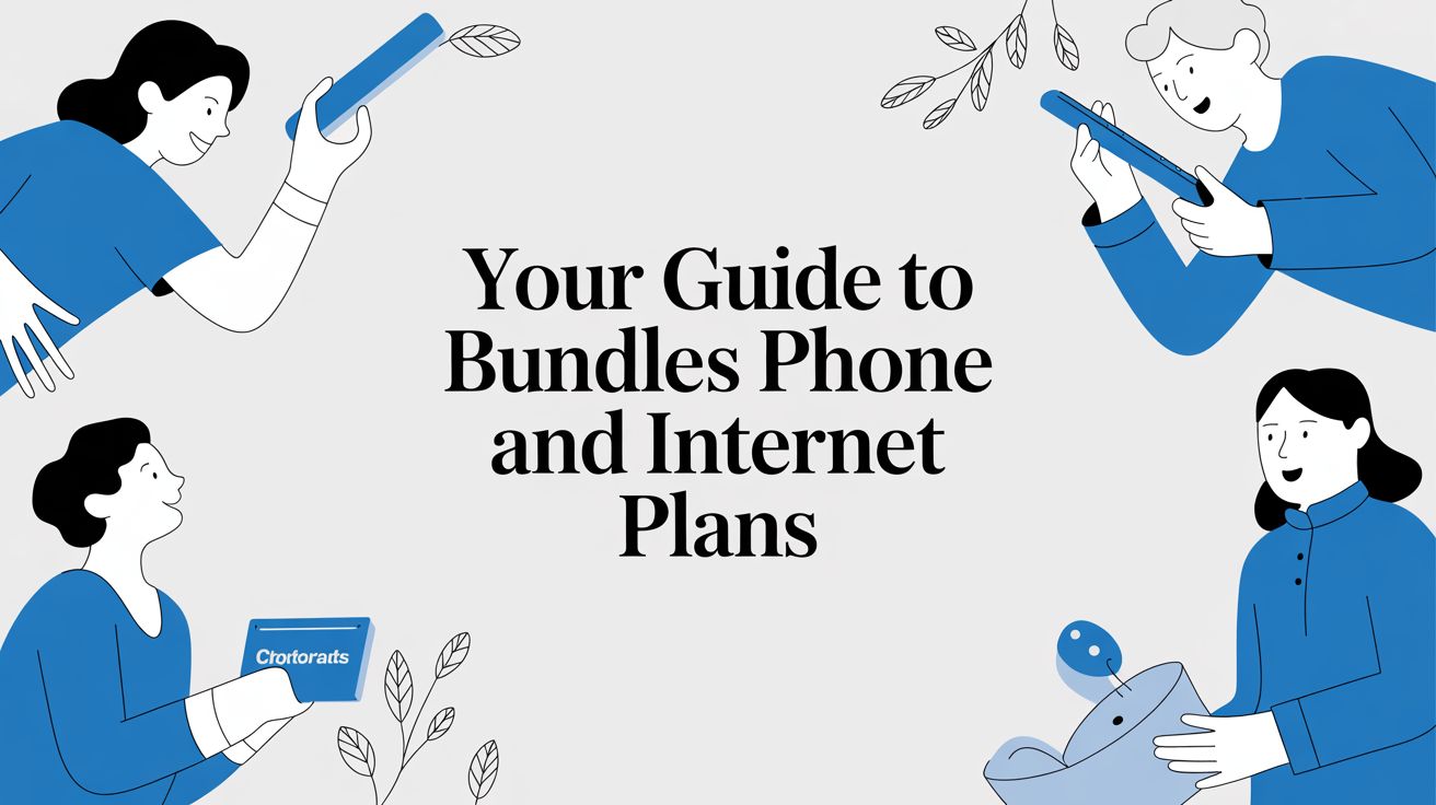 Illustration of four people holding devices like phones and tablets, surrounding the text Your Guide to Bundles Phone and Internet Plans on a light background with decorative leaves.