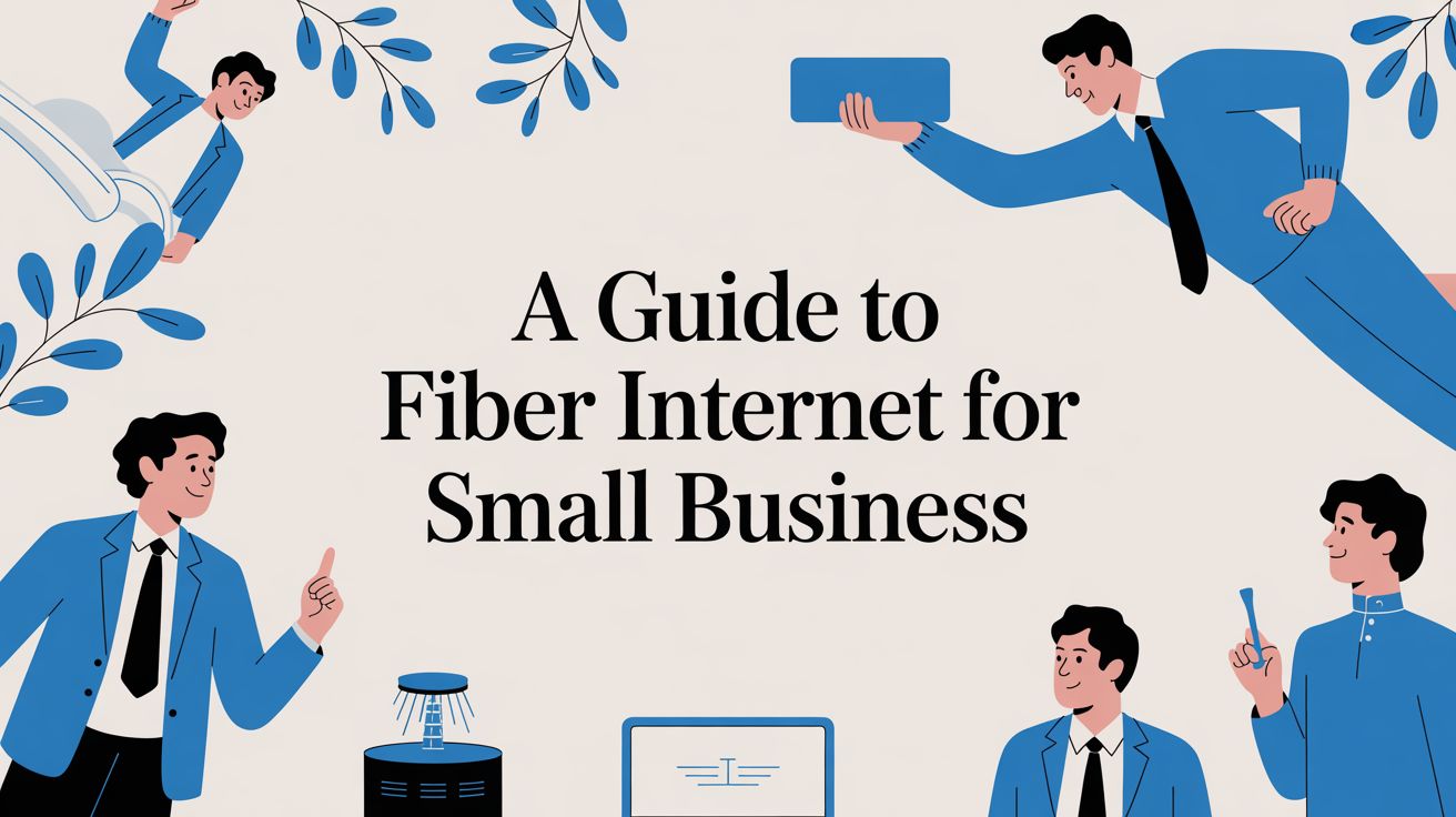 Illustration of five people in blue suits interacting with technology, surrounding the text A Guide to Fiber Internet for Small Business on a light background with blue leafy accents.