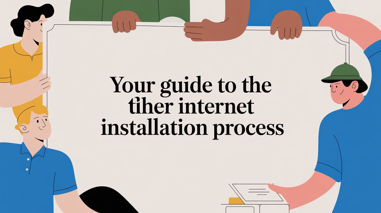 Illustration of five people holding a large sign that reads, Your guide to the fiber internet installation process. One person holds a clipboard, and they all appear to be working together.