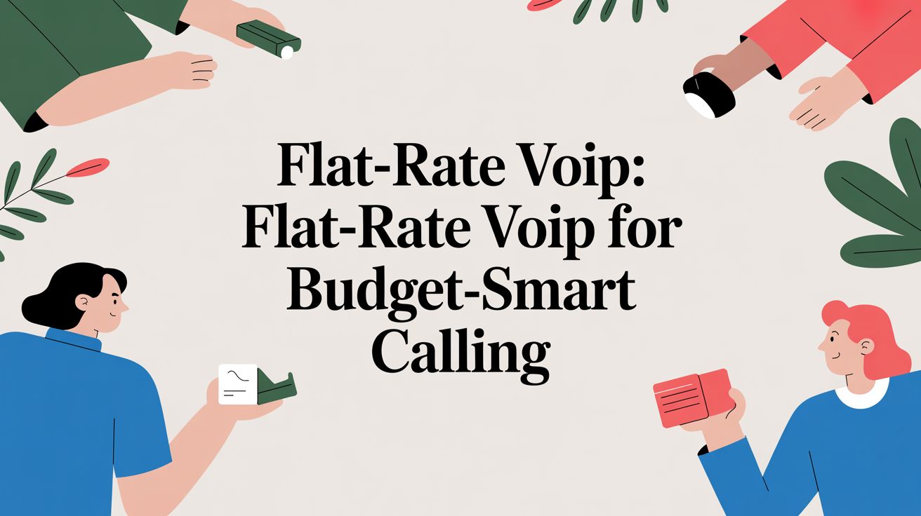 Illustration of four people holding phones and tech devices around bold text that reads, Flat-Rate Voip: Flat-Rate Voip for Budget-Smart Calling, with leafy accents decorating the corners.