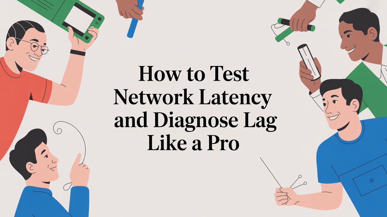 Four illustrated people hold tech gadgets around the edges of the image. Large central text reads: “How to Test Network Latency and Diagnose Lag Like a Pro.” The background is light with scattered white cables.