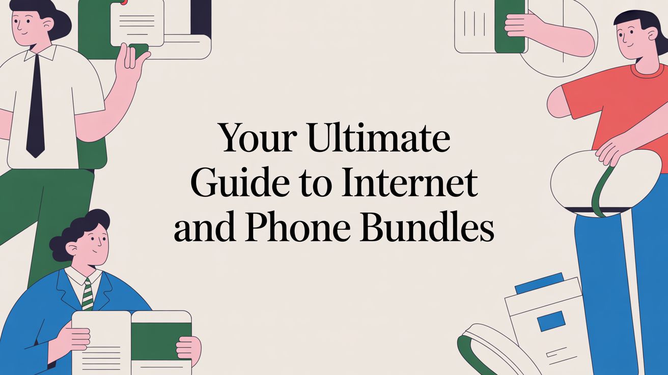 Illustration of four people holding documents around the edges with the text Your Ultimate Guide to Internet and Phone Bundles in the center on a light background.