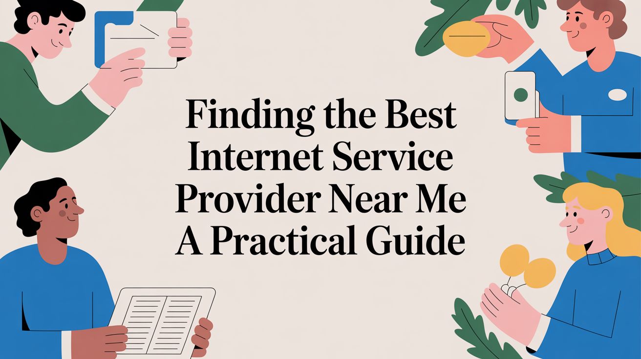 Illustration of four diverse people around a large title that reads: Finding the Best Internet Service Provider Near Me - A Practical Guide. Each person is holding a digital device or document.