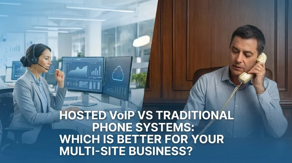 A woman using a headset and computer appears on the left, while a man talks on a landline phone on the right. Text reads: Hosted VoIP vs Traditional Phone Systems: Which is better for your multi-site business?.