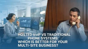 A woman using a headset and computer appears on the left, while a man talks on a landline phone on the right. Text reads: Hosted VoIP vs Traditional Phone Systems: Which is better for your multi-site business?.