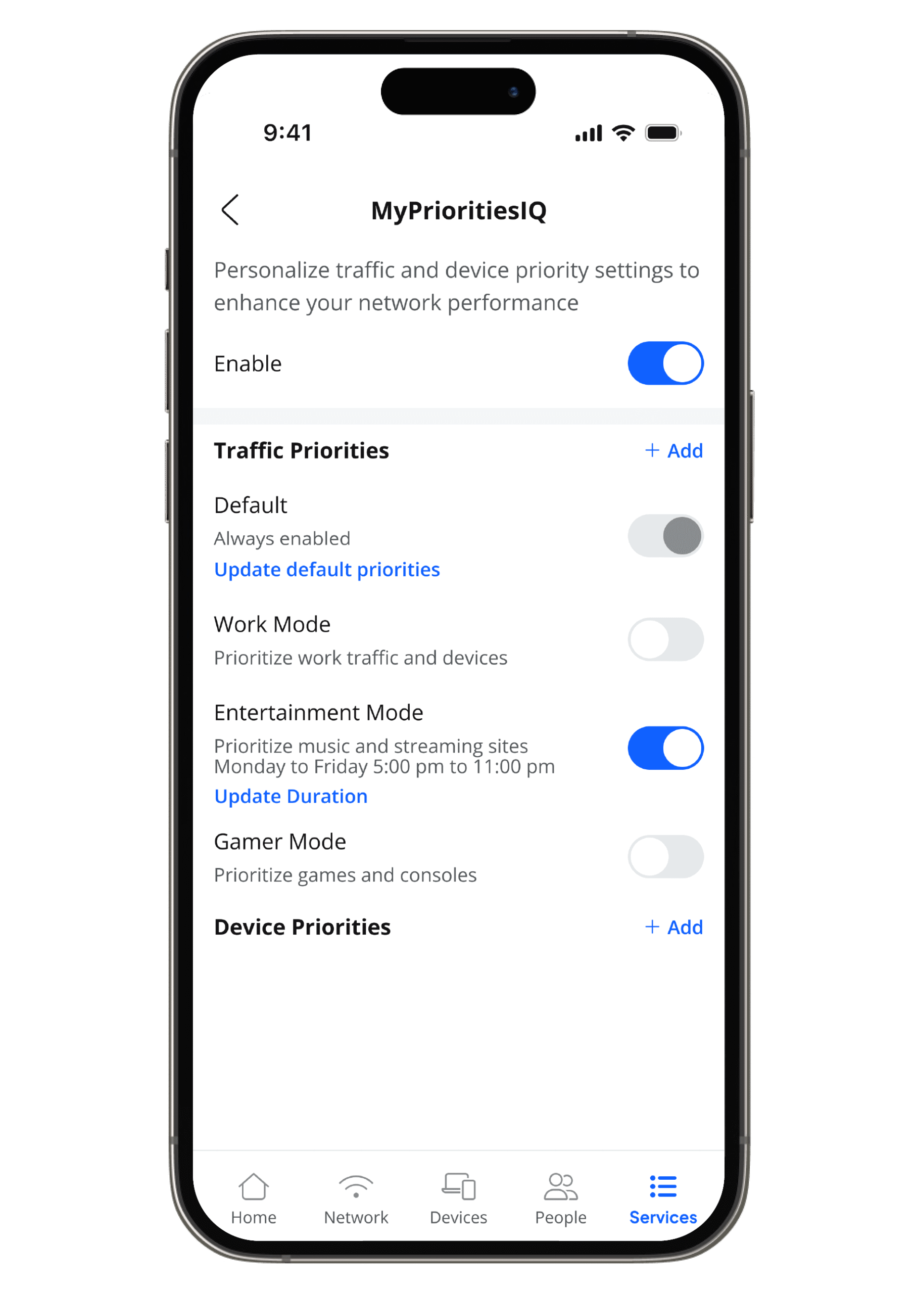 A smartphone screen displays the MyPrioritiesIQ app settings, showing toggles for enabling traffic priorities, work mode, entertainment mode, gamer mode, and device priorities, with options to add or update each mode.