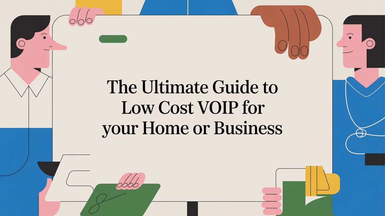 Four illustrated people hold a large sign that reads, The Ultimate Guide to Low Cost VOIP for your Home or Business. The background is light and the illustration uses soft, colorful tones.