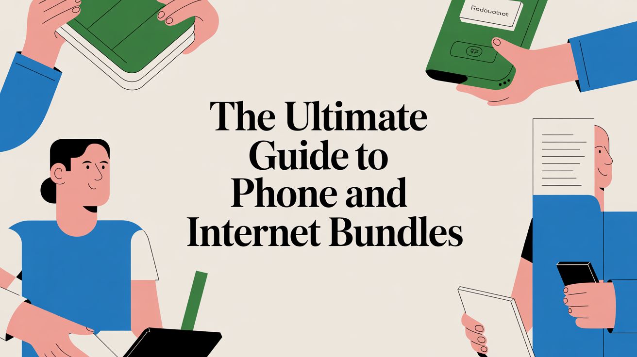 Illustration of people holding various devices such as phones, tablets, and paperwork, surrounding the text The Ultimate Guide to Phone and Internet Bundles on a light background.