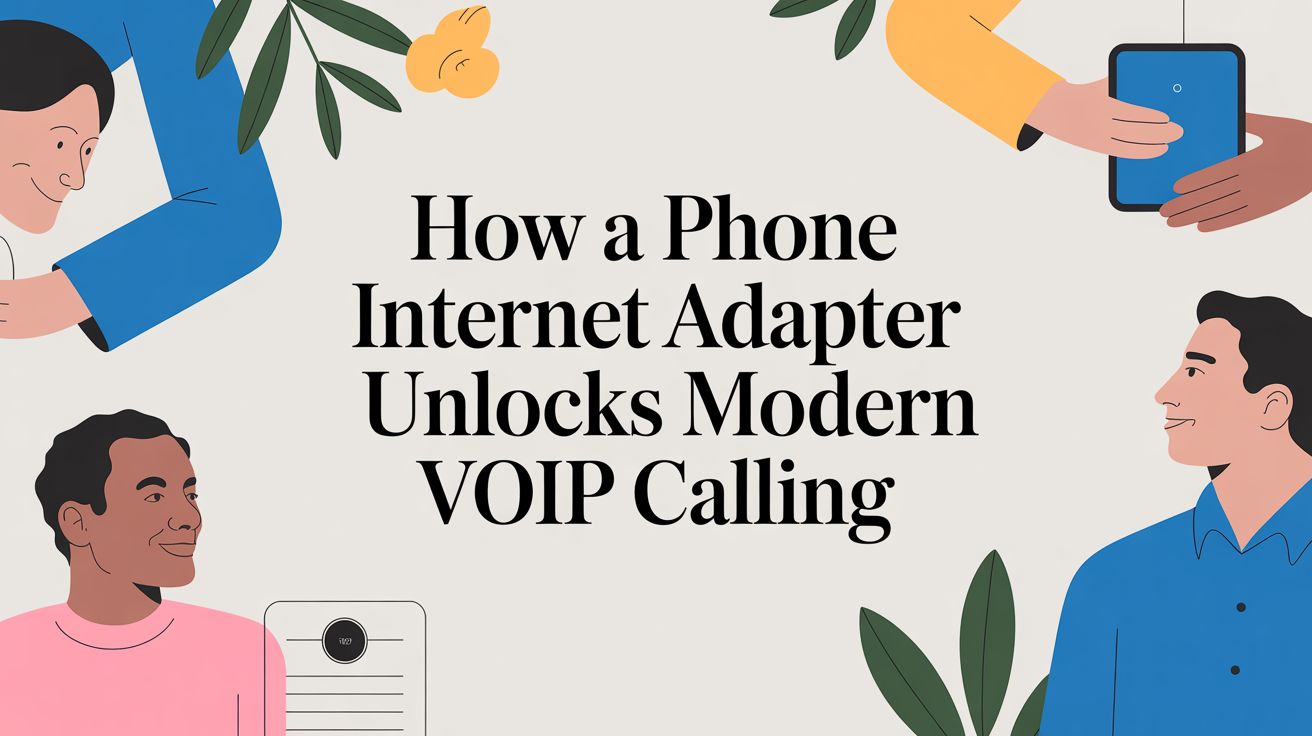 Four illustrated people with phones surround the text, “How a Phone Internet Adapter Unlocks Modern VOIP Calling,” with green leaves and a yellow flower accenting the background.