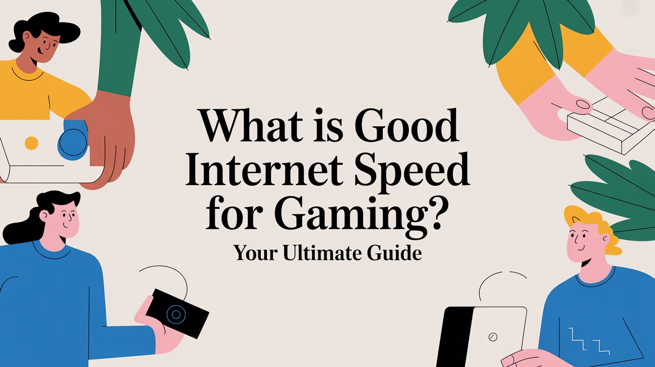 Illustration of four people holding gaming devices around large text that reads, “What is Good Internet Speed for Gaming? Your Ultimate Guide,” with green leaves above and around them.