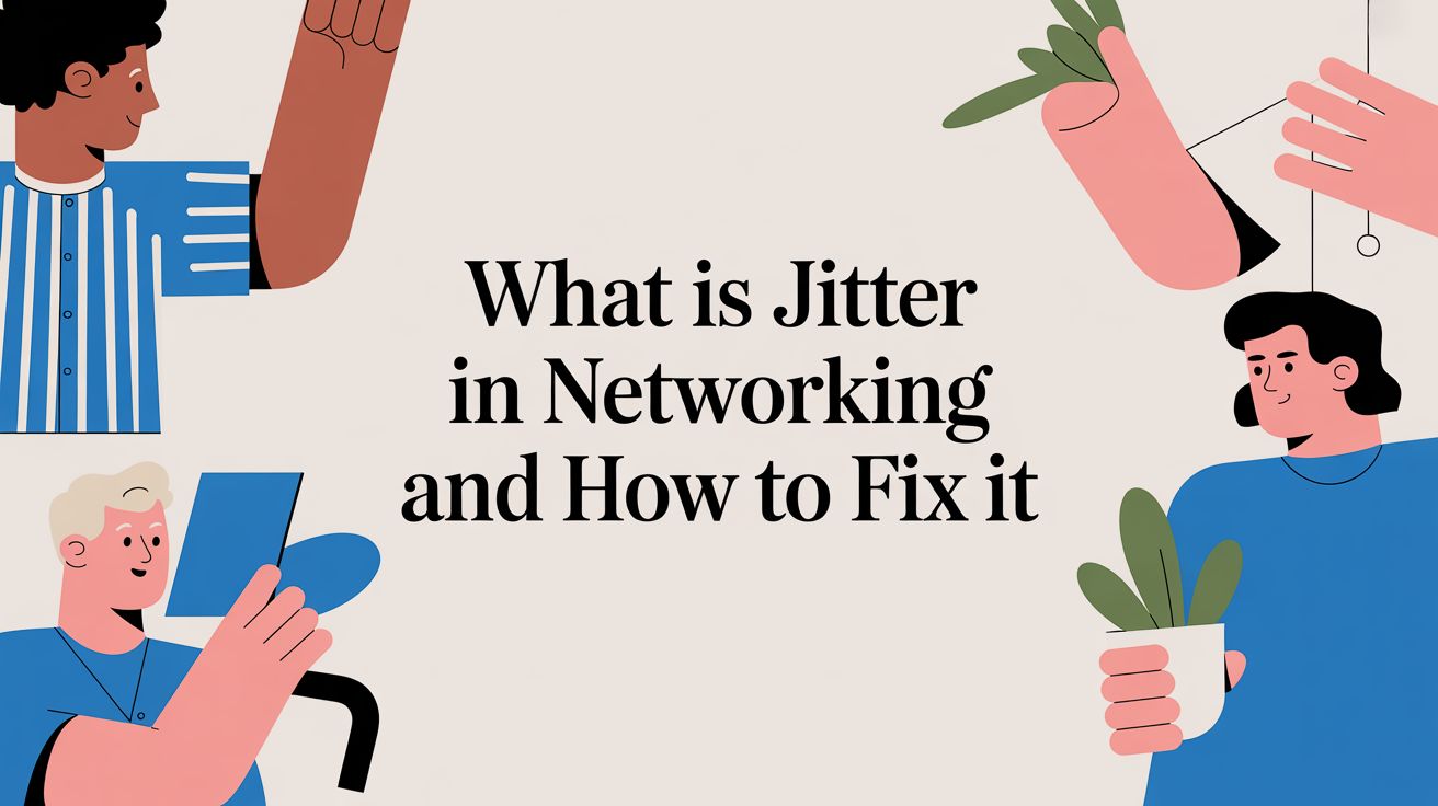 Illustration of diverse people holding plants and devices around the text “What is Jitter in Networking and How to Fix it” on a light background.
