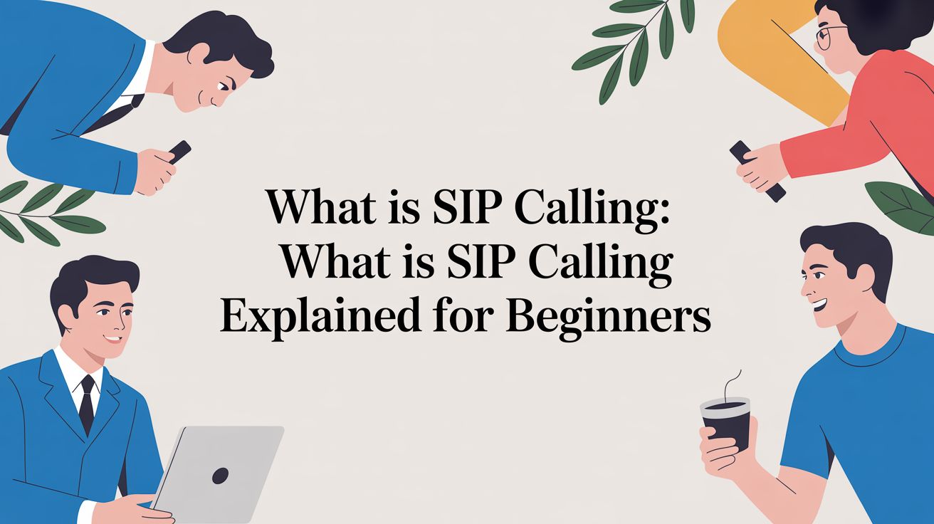 A graphic with four illustrated people using phones and a laptop surrounds the text: What is SIP Calling: What is SIP Calling Explained for Beginners on a light background with green leaves.