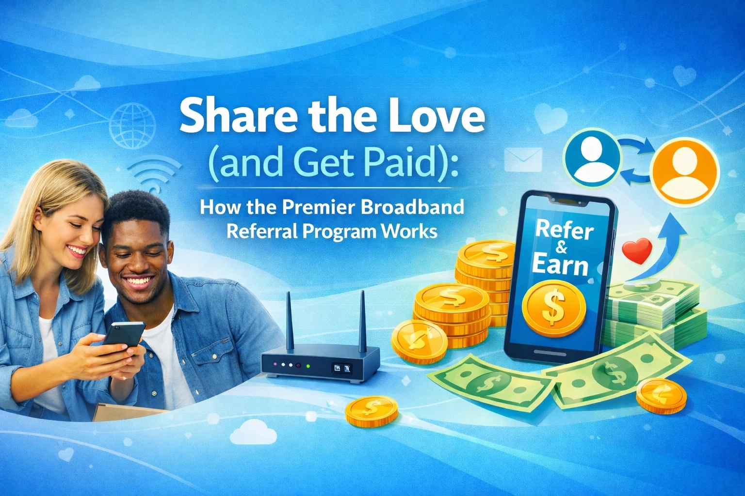 A smiling woman and man look at a smartphone next to a WiFi router, with cash, coins, and a phone displaying Refer & Earn. Text reads: Share the Love (and Get Paid): How the Premier Broadband Referral Program Works.