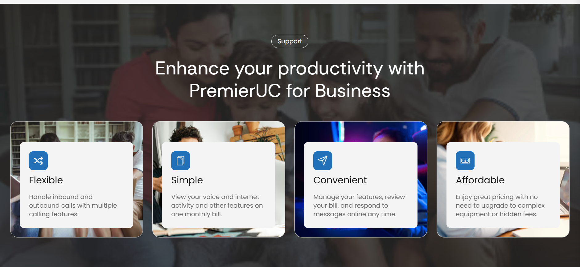 A promotional banner for PremierUC for Business highlights four feature cards—Flexible, Simple, Convenient, and Affordable Hosted VoIP Seat solutions—with brief descriptions. A smiling family is blurred in the background.