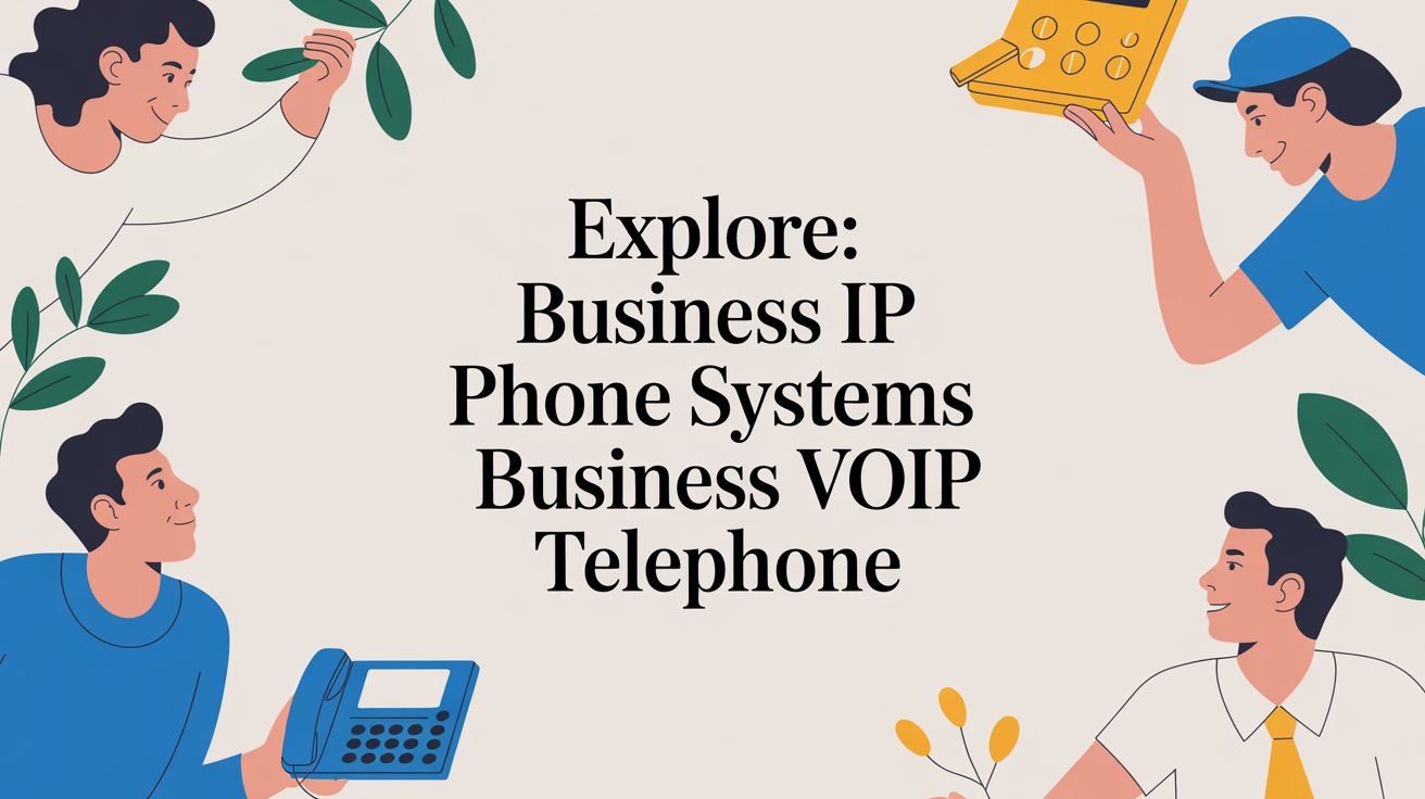Four illustrated people in each corner hold different phones and communicate, surrounding bold text that reads: Explore: Business IP Phone Systems Business VOIP Telephone on a light background with leafy accents.