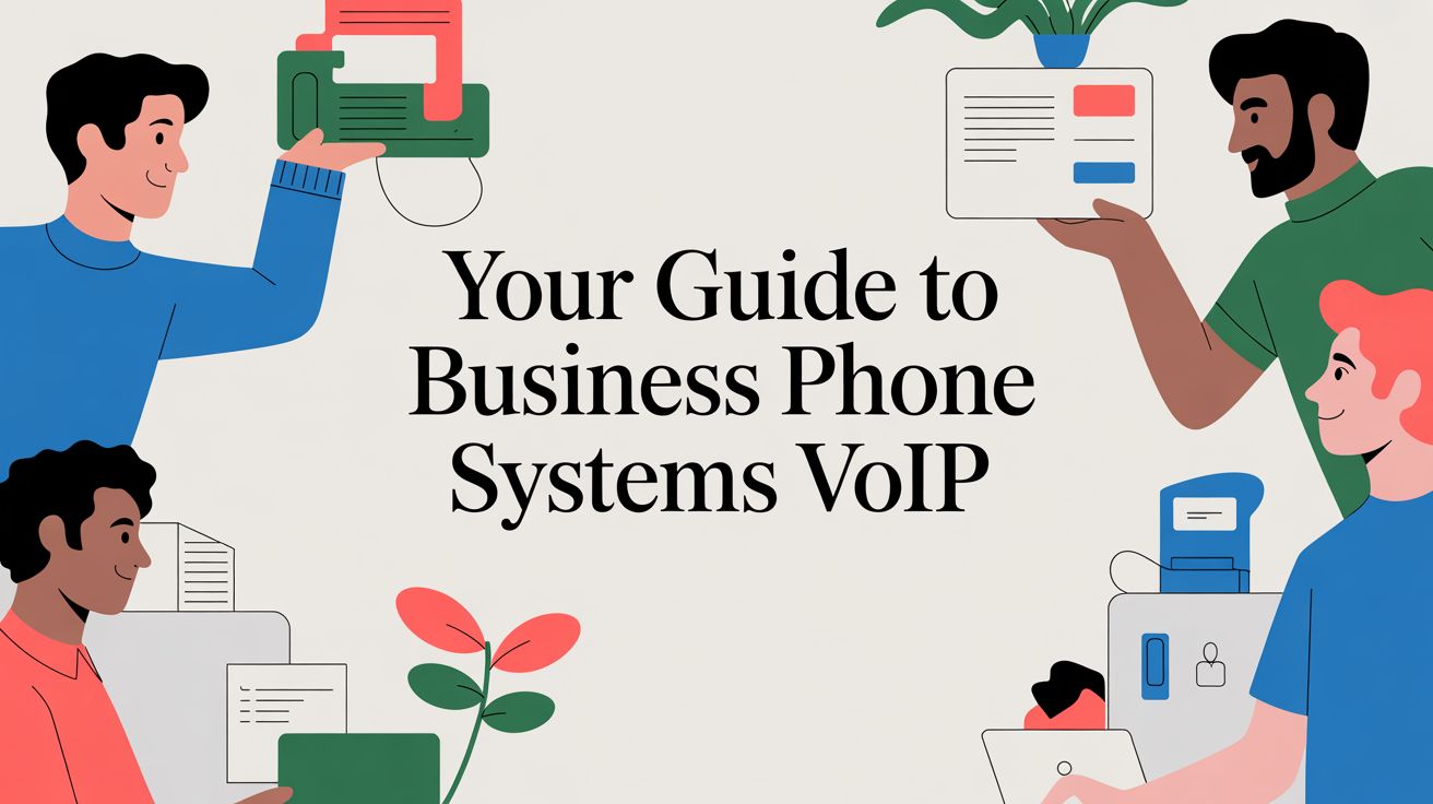 Four illustrated people hold office items around the text Your Guide to Business Phone Systems VoIP, surrounded by paperwork, folders, a plant, and a filing cabinet on a light background.