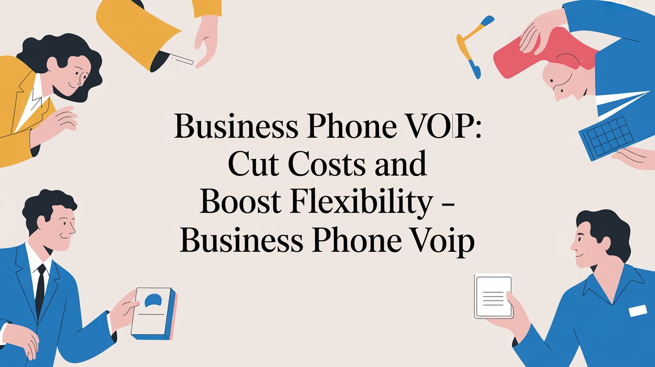 Illustration of four people holding office items like papers, a keyboard, and a pen, surrounding text that reads, Business Phone VOP: Cut Costs and Boost Flexibility – Business Phone Voip, on a beige background.