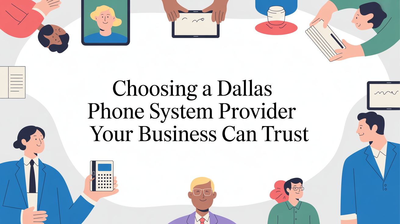 Illustration of diverse business people using office devices and technology, surrounding the text: “Choosing a Dallas Phone System Provider Your Business Can Trust.”.