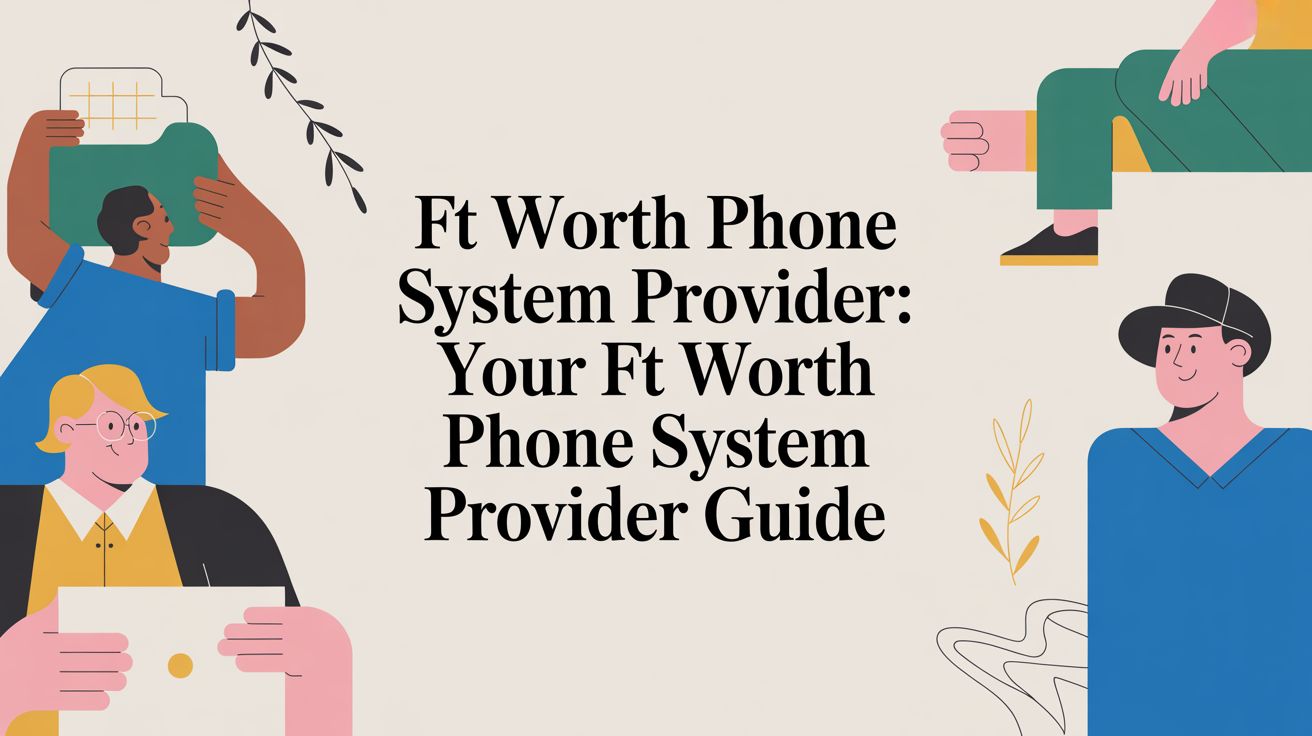 Illustration of diverse people interacting with technology, surrounding the text: Ft Worth Phone System Provider: Your Ft Worth Phone System Provider Guide on a neutral background with decorative elements.