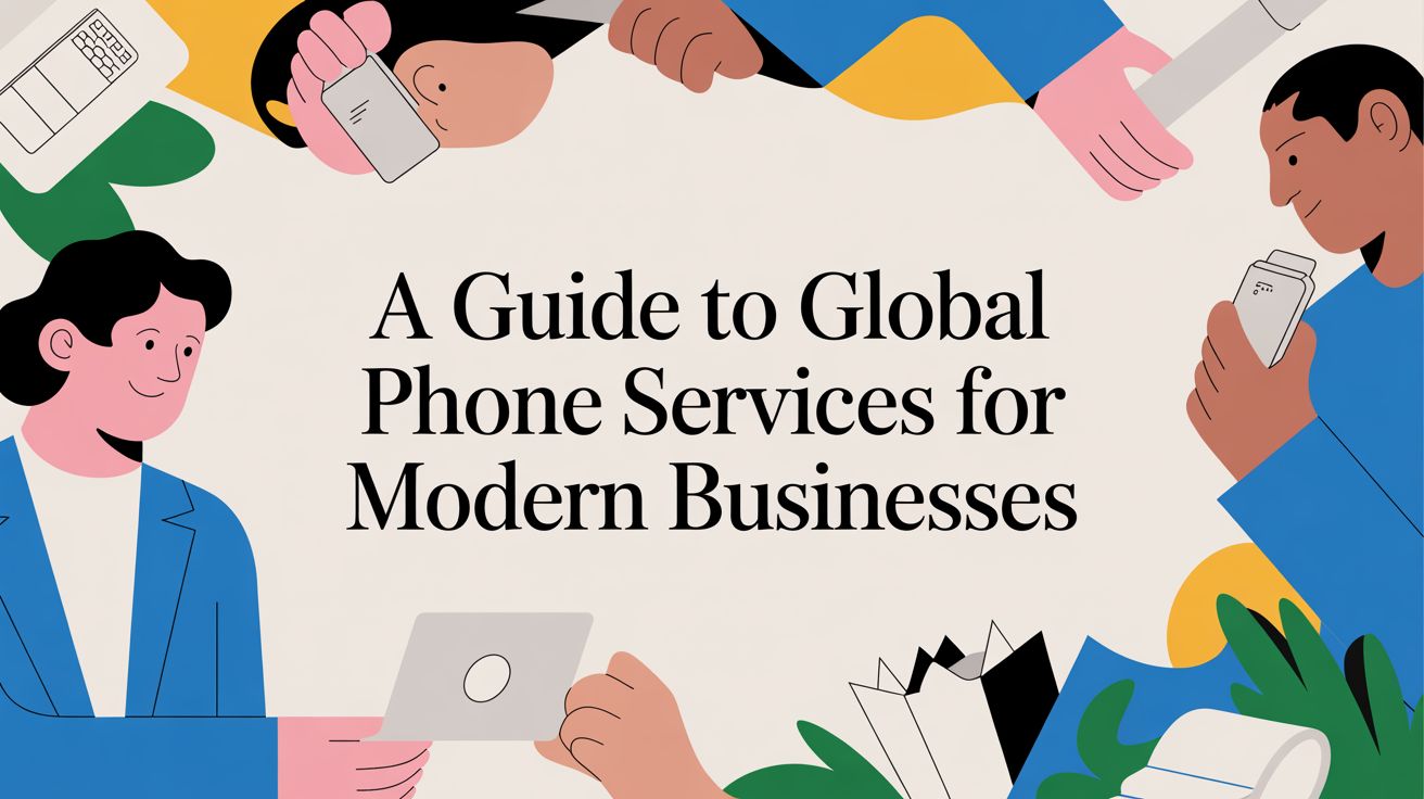 Illustration of diverse people using phones, laptops, and paper, surrounding the text: A Guide to Global Phone Services for Modern Businesses on a light background.