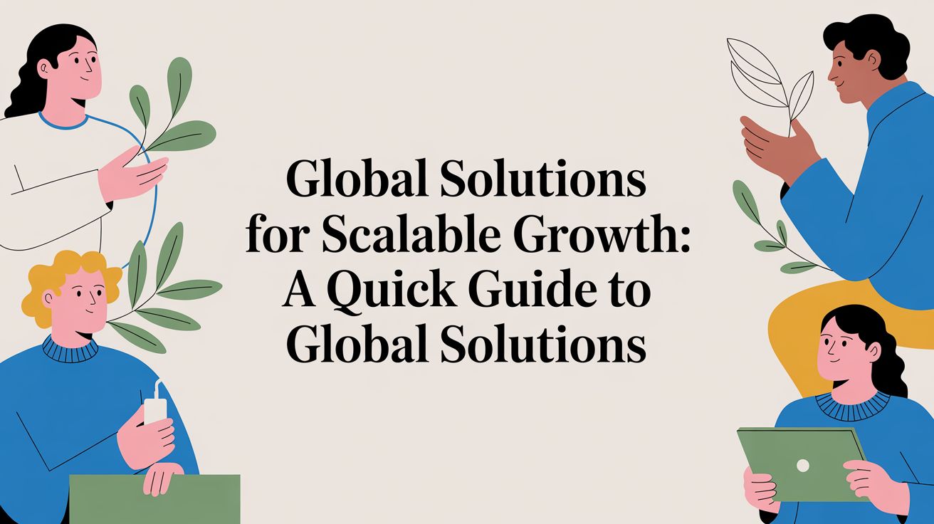 Four illustrated people holding leaves and devices surround the text Global Solutions for Scalable Growth: A Quick Guide to Global Solutions on a light background.