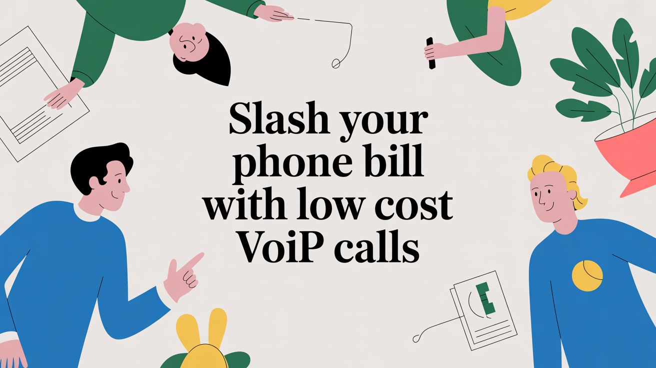Illustration of four people around the text Slash your phone bill with low cost VoIP calls. Each person is holding a phone, with scattered documents and a plant in the background.