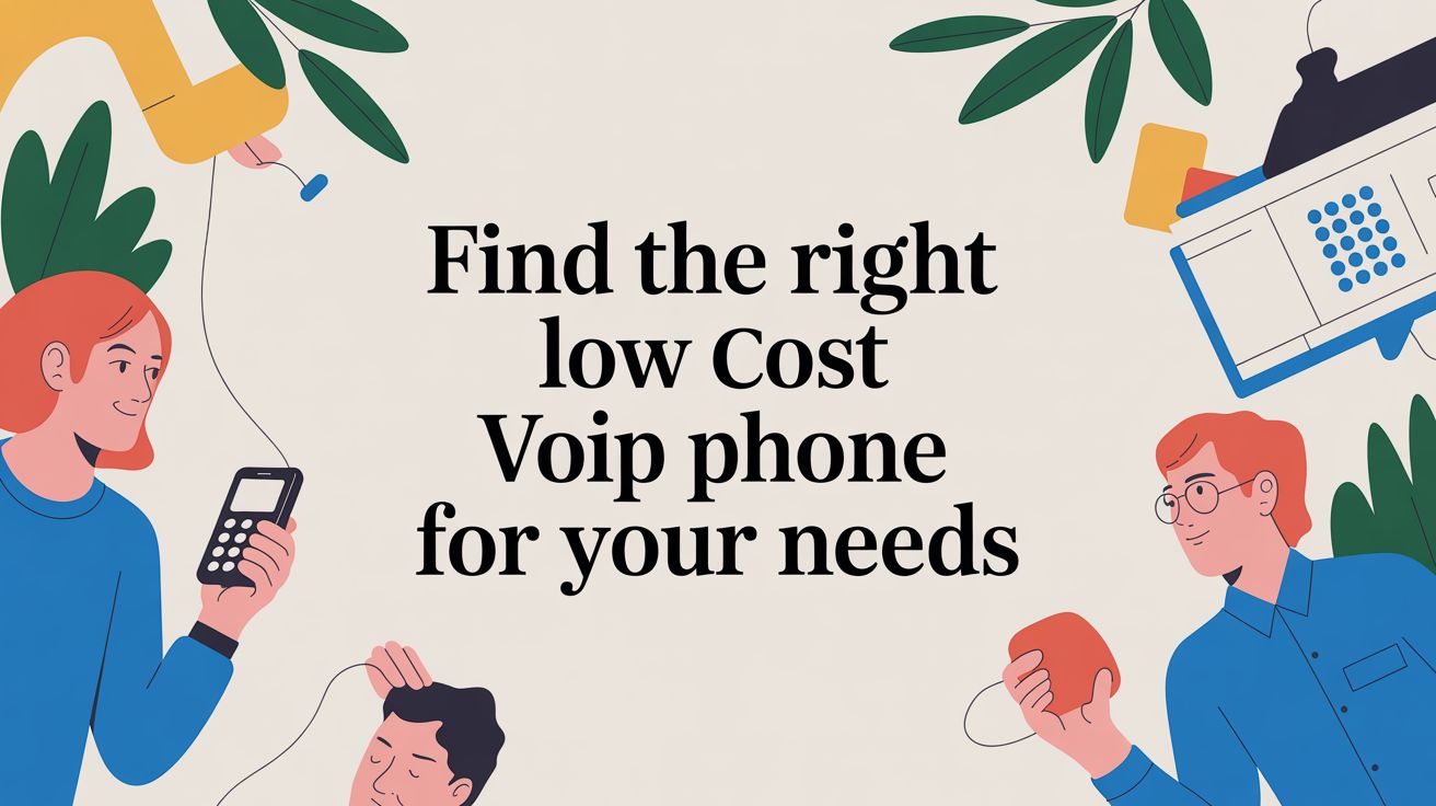 Illustration with people holding phones and gadgets, surrounded by leaves and office items, with the text: Find the right low cost VoIP phone for your needs in the center.
