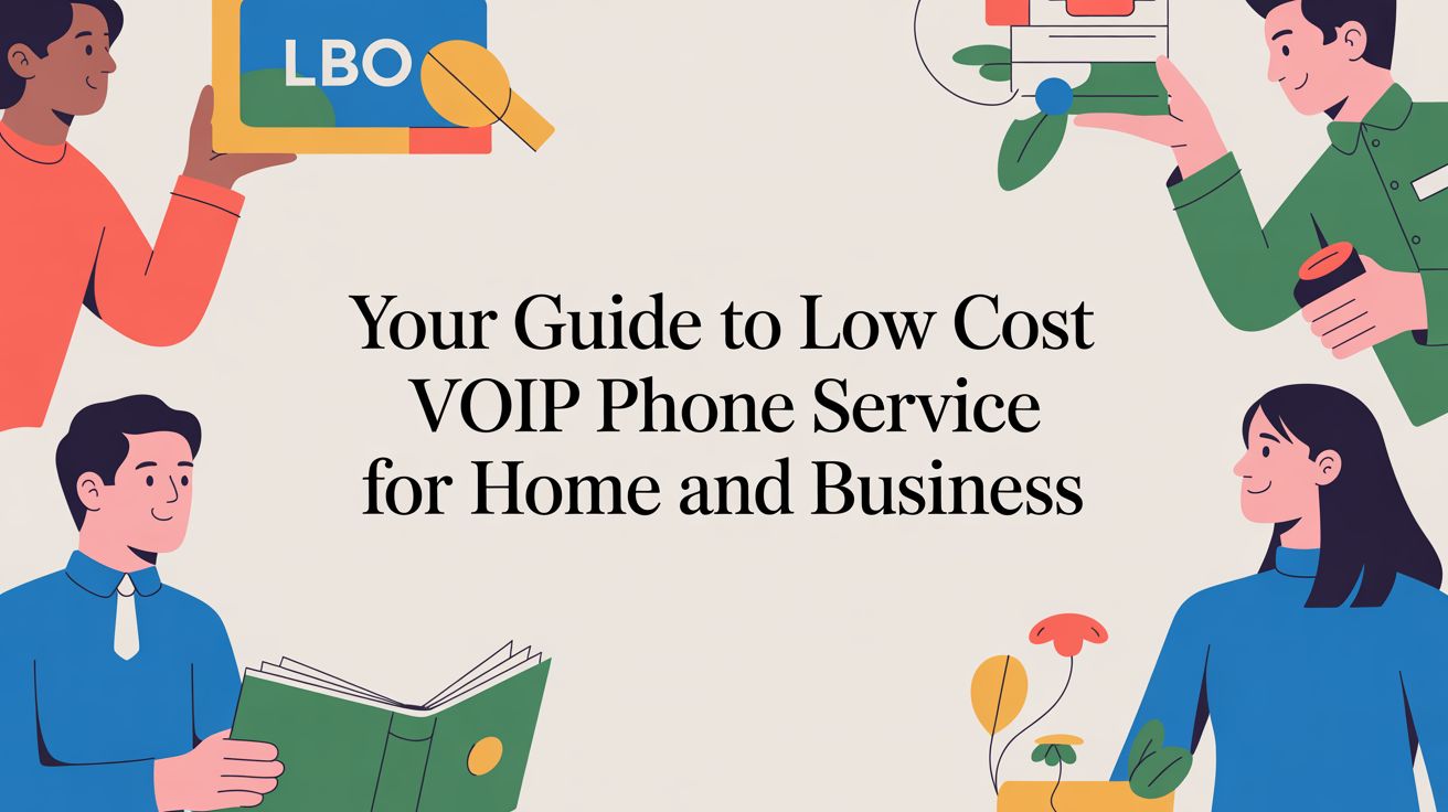 Four illustrated people hold various objects around the text: “Your Guide to Low Cost VOIP Phone Service for Home and Business.” The background is light beige with minimal decorative plants and items.