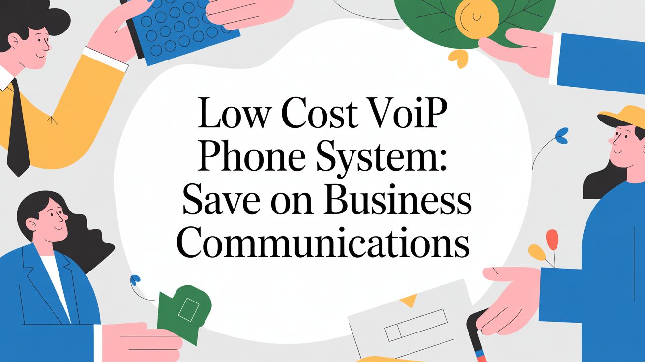 Illustration of people holding office items around a central text that reads: “Low Cost VoIP Phone System: Save on Business Communications.” The background is light with colorful business graphics.