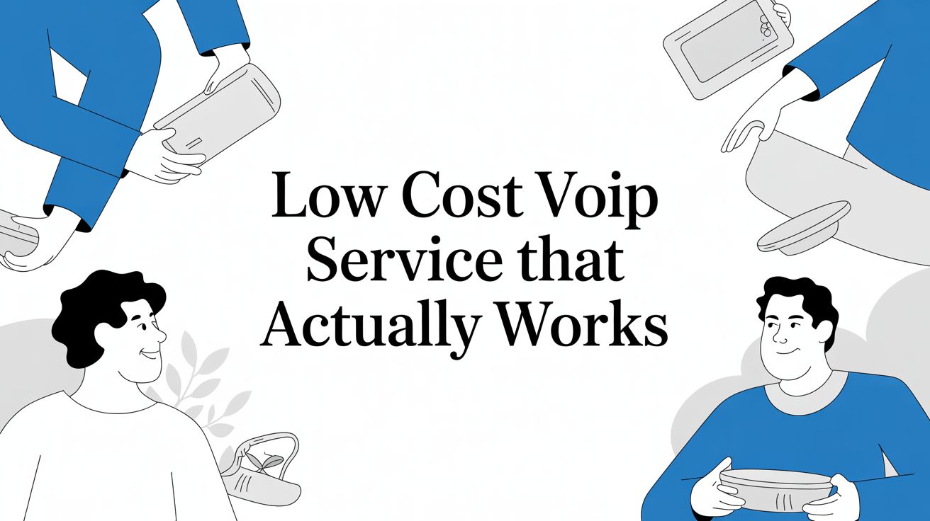 Illustration with people holding phones and tablets, surrounding the text “Low Cost Voip Service that Actually Works” on a white background.