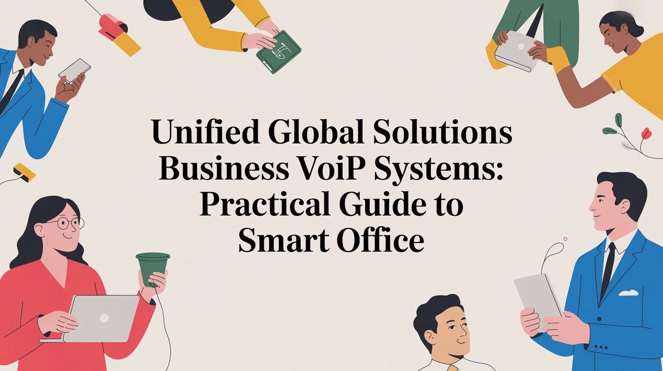 Illustration of diverse professionals using devices around bold text that reads, Unified Global Solutions Business VoiP Systems: Practical Guide to Smart Office. The background is light, with decorative office elements.