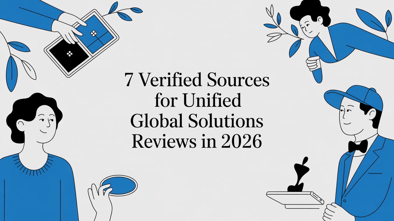 An illustrated graphic with four people holding devices and objects surrounds the text: 7 Verified Sources for Unified Global Solutions Reviews in 2026. Blue and black accents highlight the modern, tech-inspired design.
