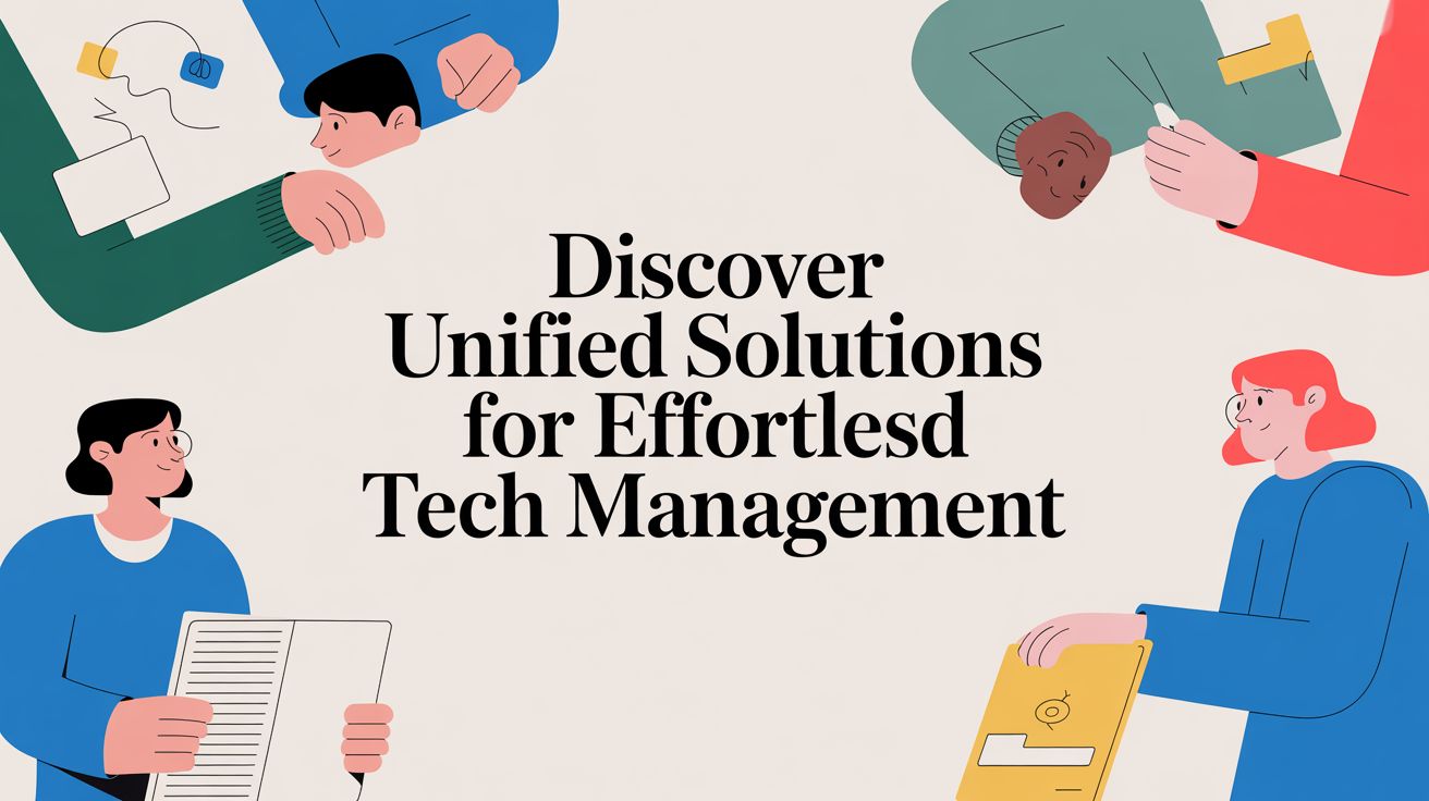 Four illustrated people holding papers and devices surround the text, Discover Unified Solutions for Effortless Tech Management, on a light background.