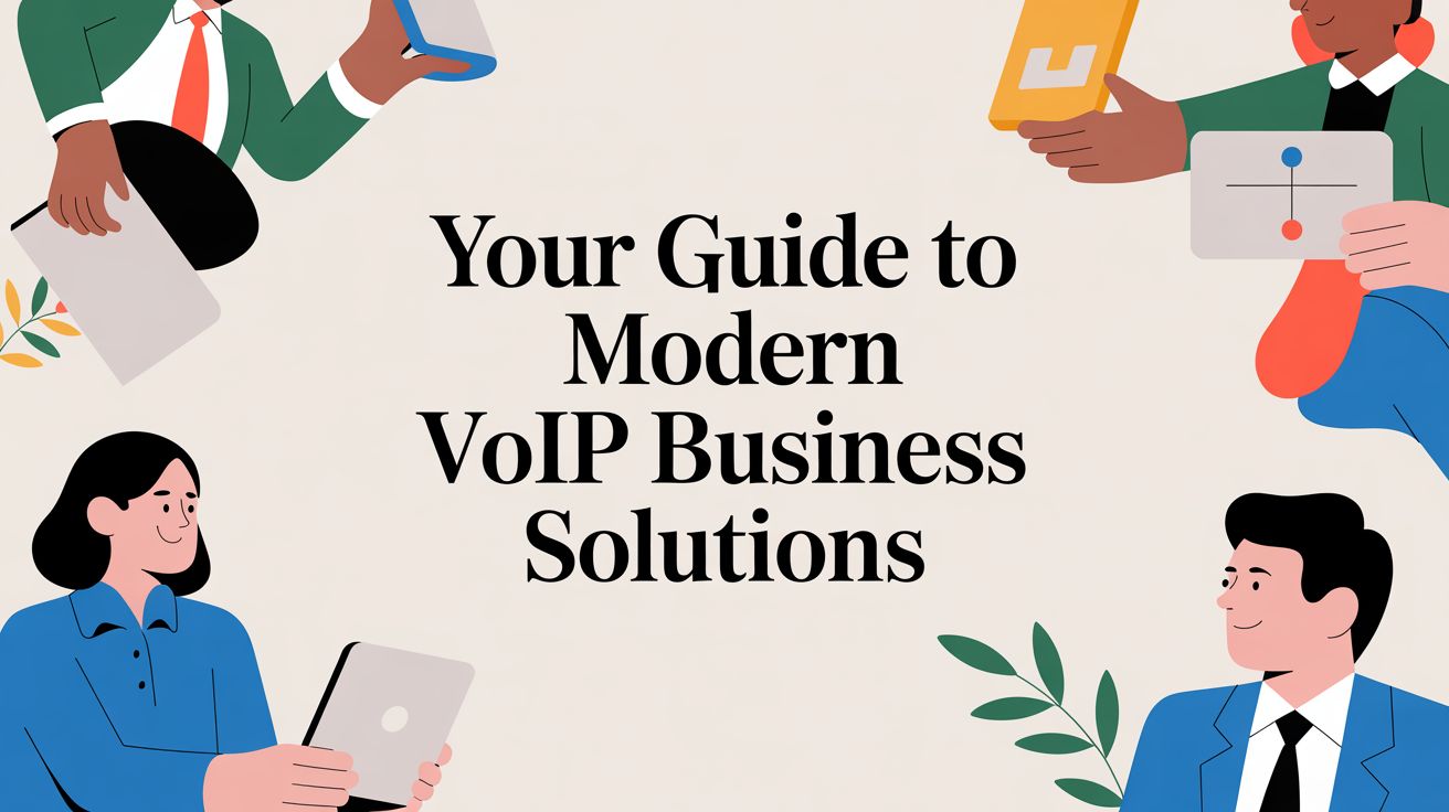Illustration of four diverse professionals holding tech devices, surrounding the central text: Your Guide to Modern VoIP Business Solutions. Each figure is depicted against a neutral background.