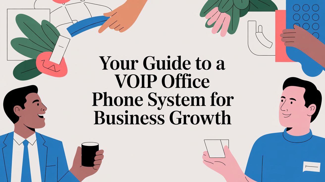 Illustration of four people holding office items around the text “Your Guide to a VOIP Office Phone System for Business Growth.” Objects include a phone, coffee cup, pen, and notepad.