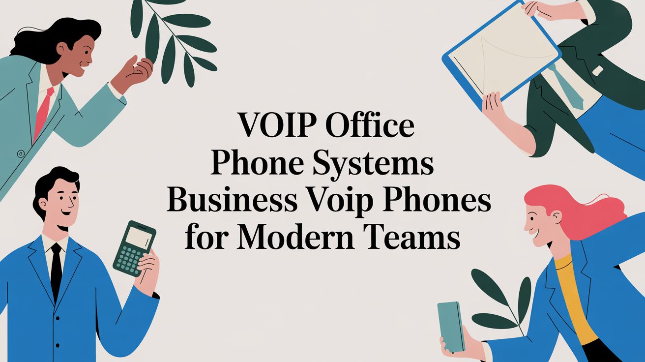 Four illustrated business people surround text that reads, VOIP Office Phone Systems Business Voip Phones for Modern Teams. Each person holds an office item, such as a folder, phone, or calculator.