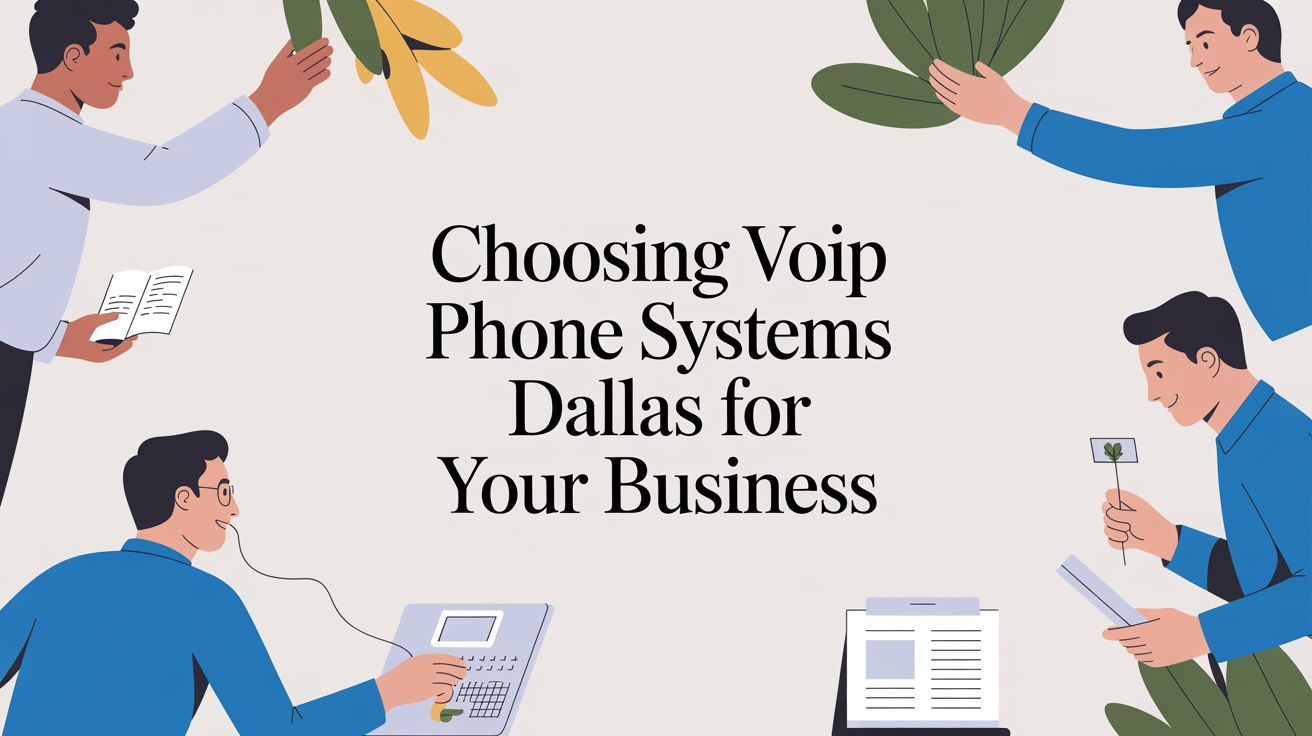 Four illustrated people surround the text Choosing VoIP Phone Systems Dallas for Your Business, each holding business-related items like a phone, notebook, plant, and clipboard.