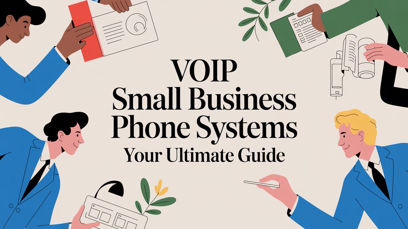 Illustration of four people holding office items around the text: VOIP Small Business Phone Systems. Your Ultimate Guide. Items include a clipboard, phone, notepad, paper, and a plant.