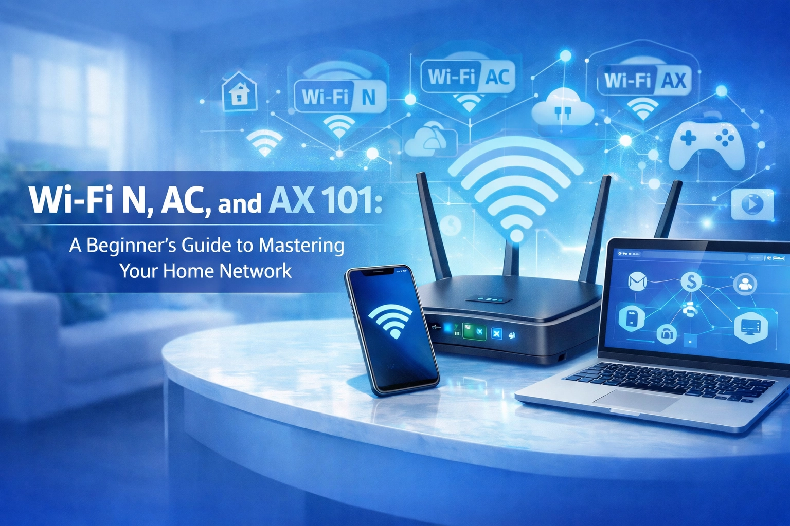 A Wi-Fi router, smartphone, and laptop sit on a table with blue digital icons showing Wi-Fi signals and connected devices. Text reads: Wi-Fi N, AC, and AX 101: A Beginner’s Guide to Mastering Your Home Network.