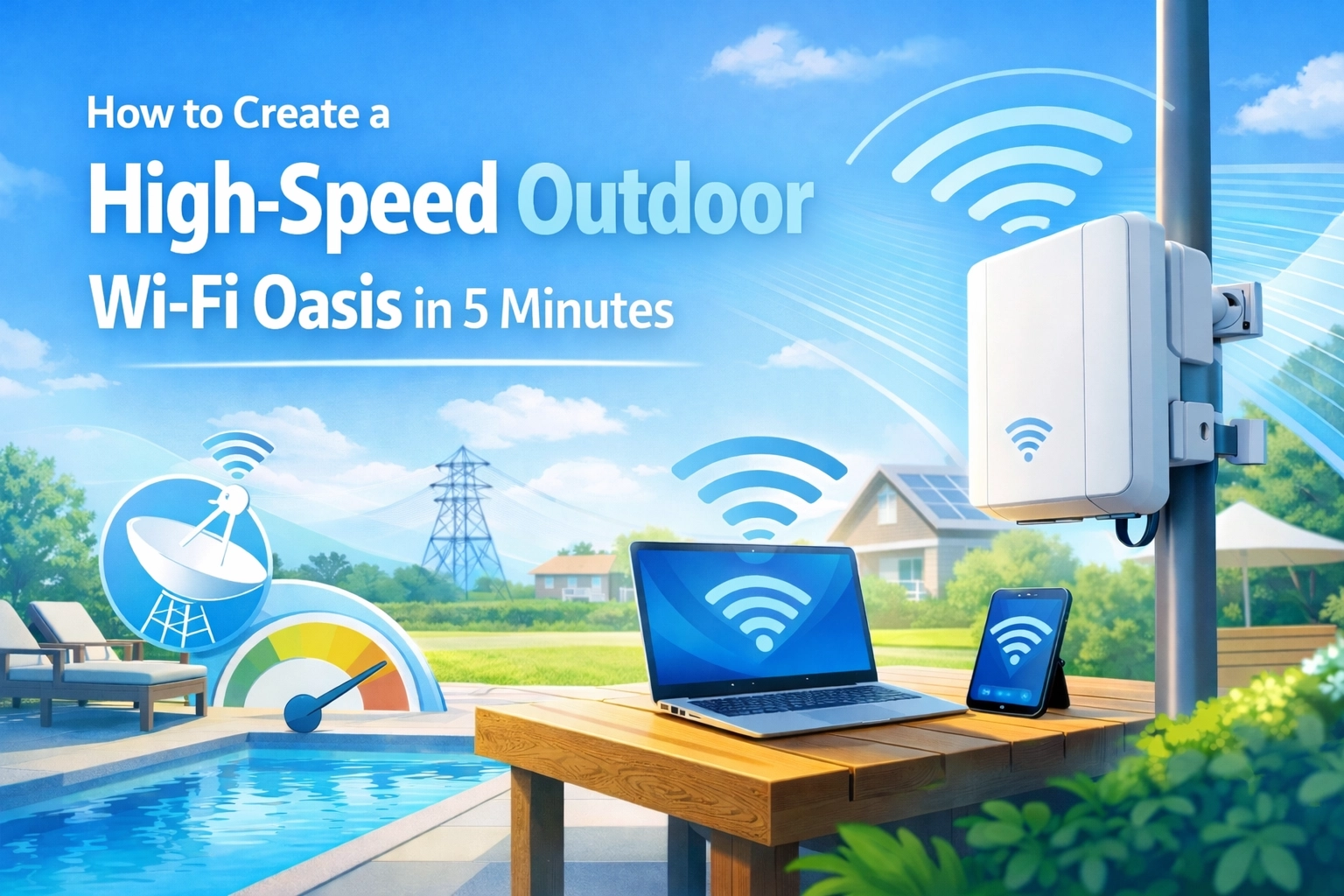 A sunny backyard scene with a laptop and tablet on a wooden table by a pool, connected to a Wi-Fi device mounted on a pole. Text reads: How to Create a High-Speed Outdoor Wi-Fi Oasis in 5 Minutes.