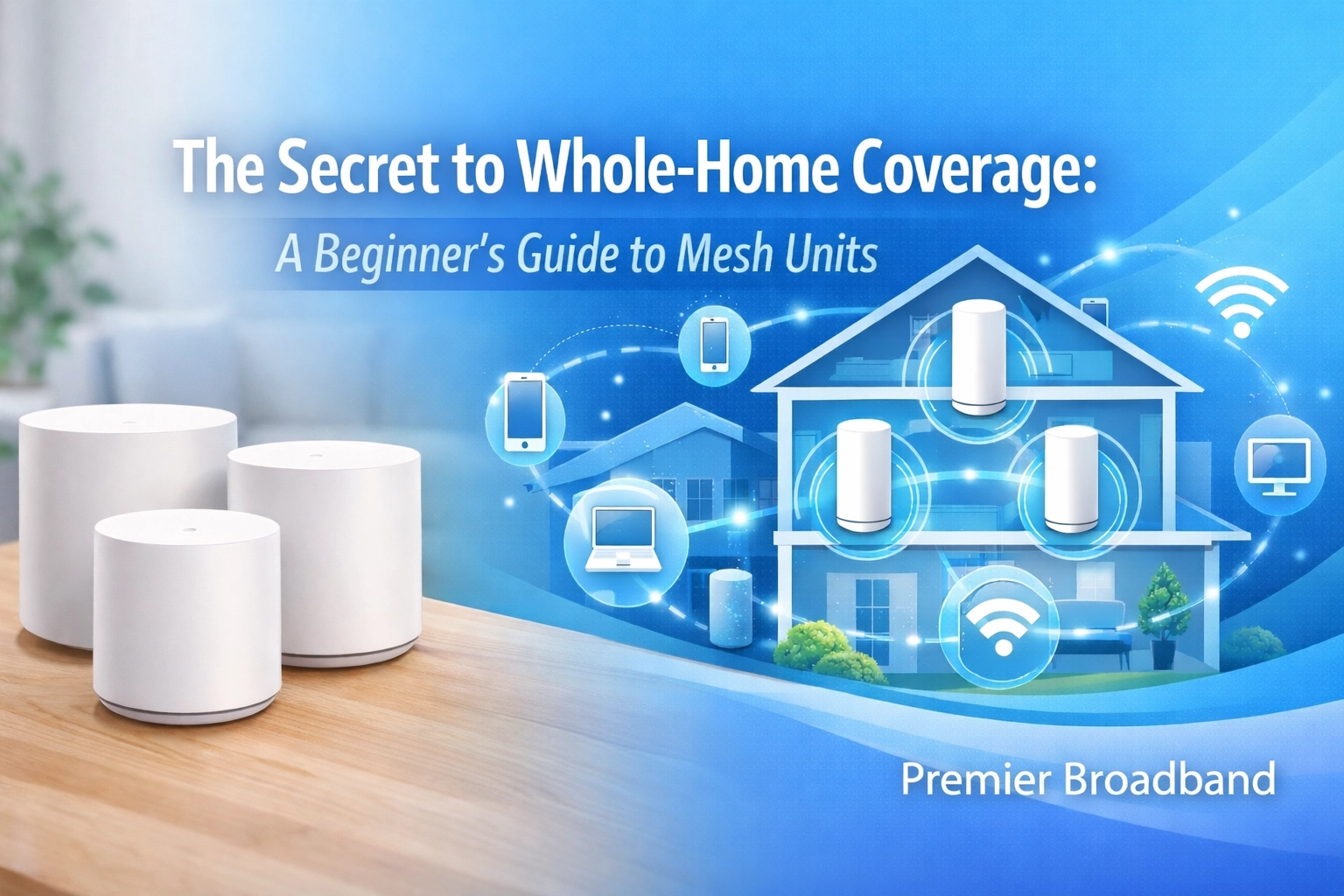 Three white mesh Wi-Fi units on a table, with a digital illustration showing a house connected by mesh units to various devices, and the text: The Secret to Whole-Home Coverage: A Beginners Guide to Mesh Units. Premier Broadband.