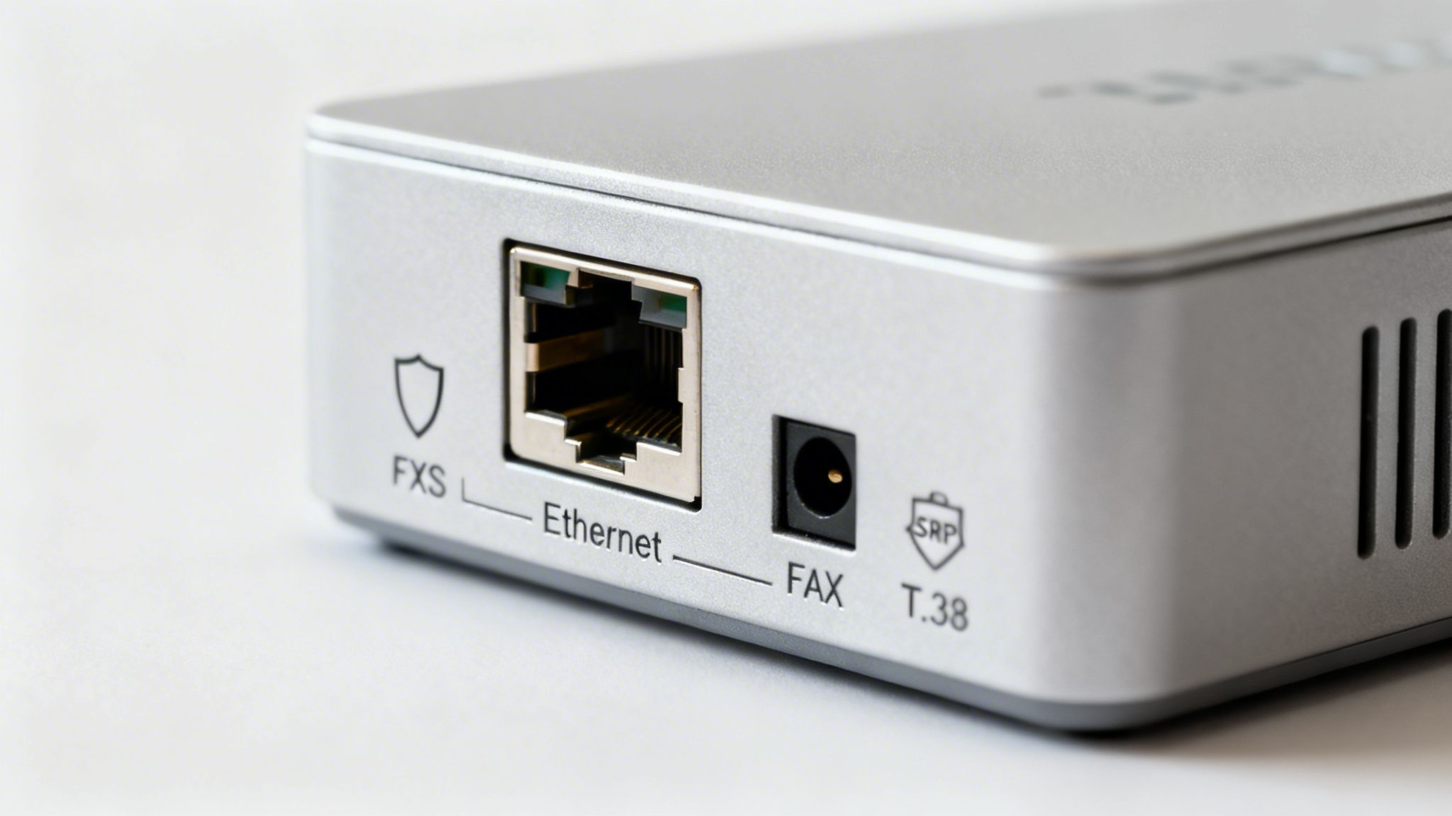 A close-up view of a silver VoIP ATA device showing Ethernet, FXS, and power ports with labels.