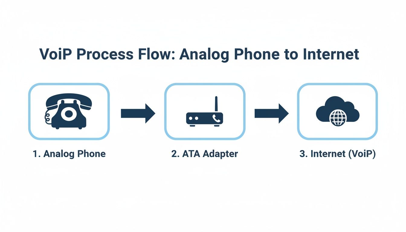 Diagram illustrating the VoIP process flow from an analog phone through an ATA adapter to the internet.